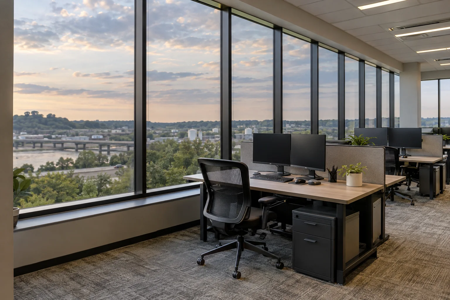 An open office with tall windows looking out over the river