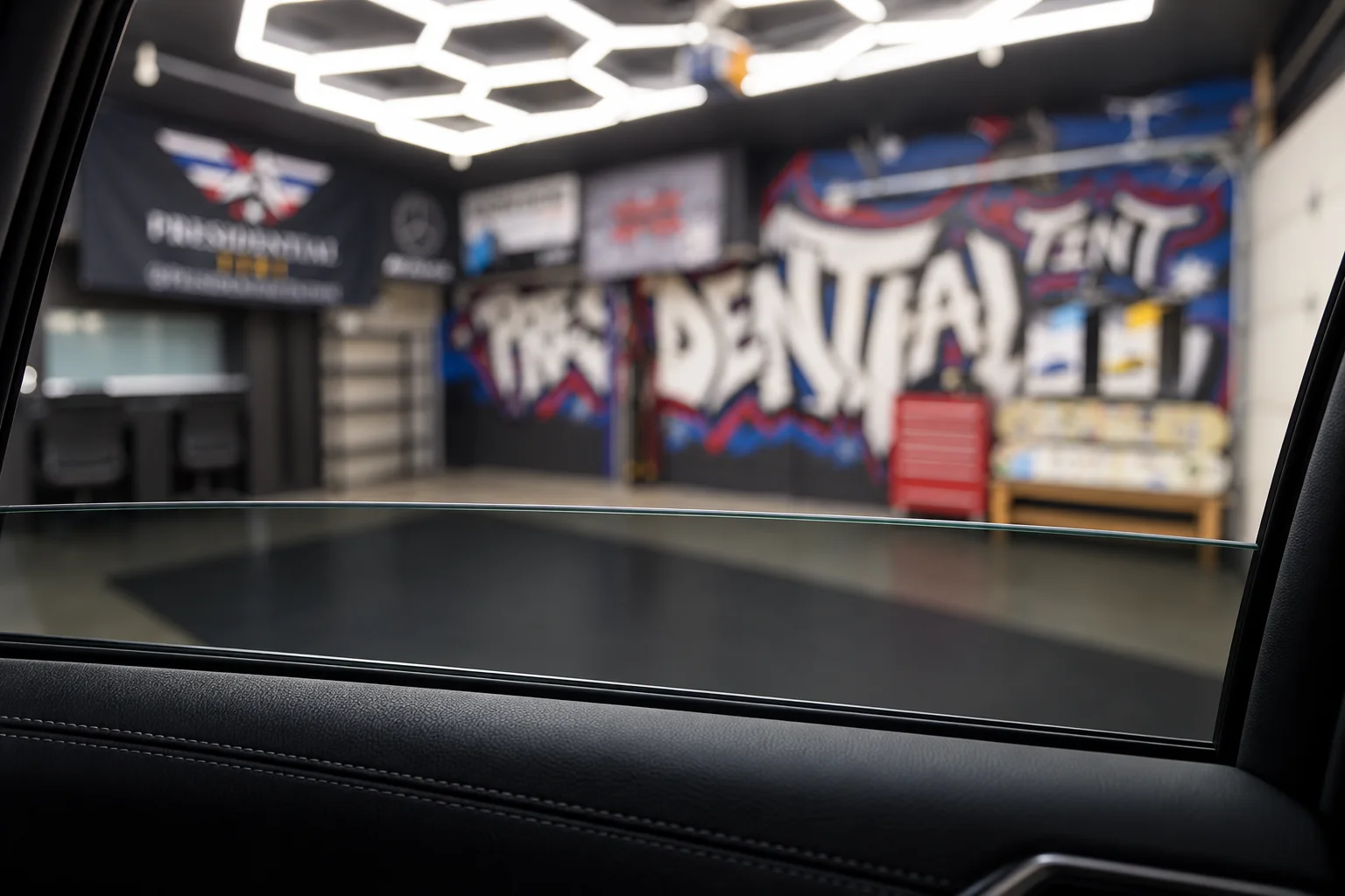 Looking out through a tinted car window at the Presidential Tint MN shop