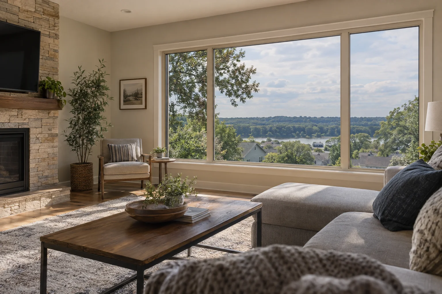 A living room with large windows looking out over a lake