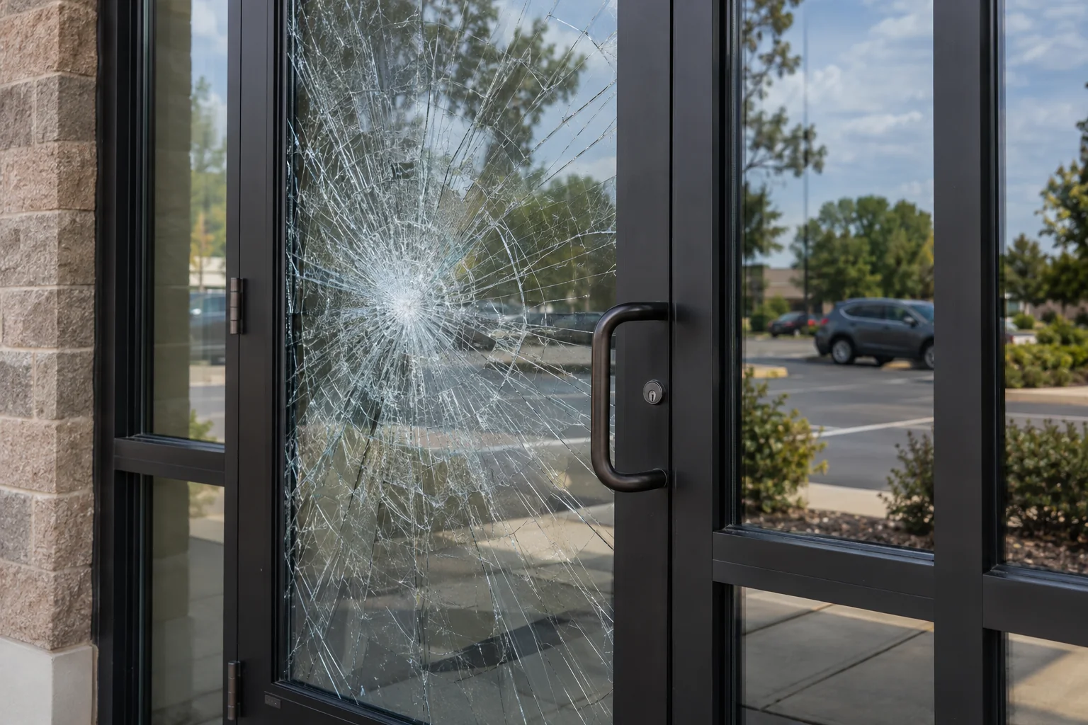 A storefront window cracked but held together by security film