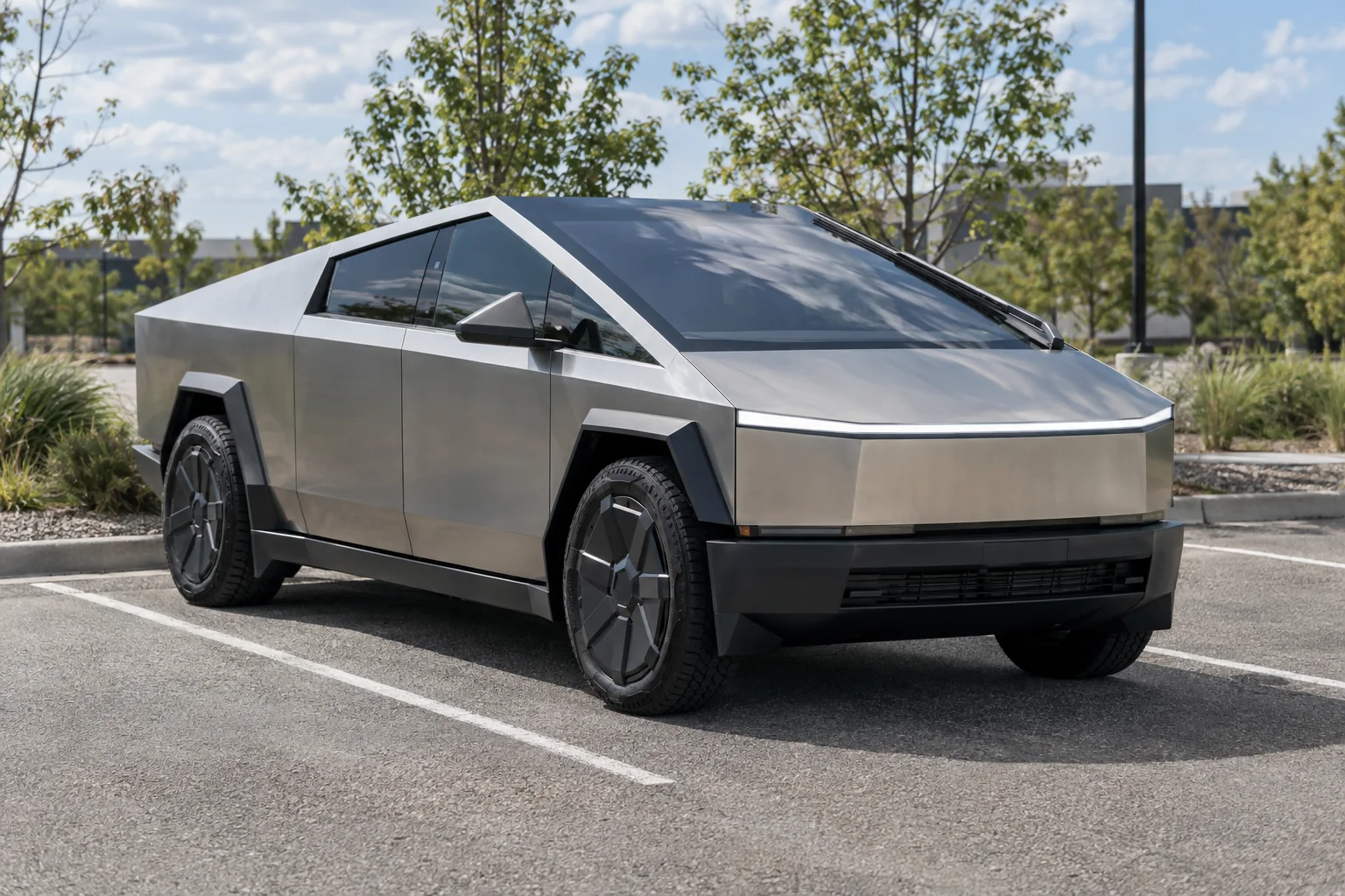 A stainless steel Tesla Cybertruck with tinted windows outdoors