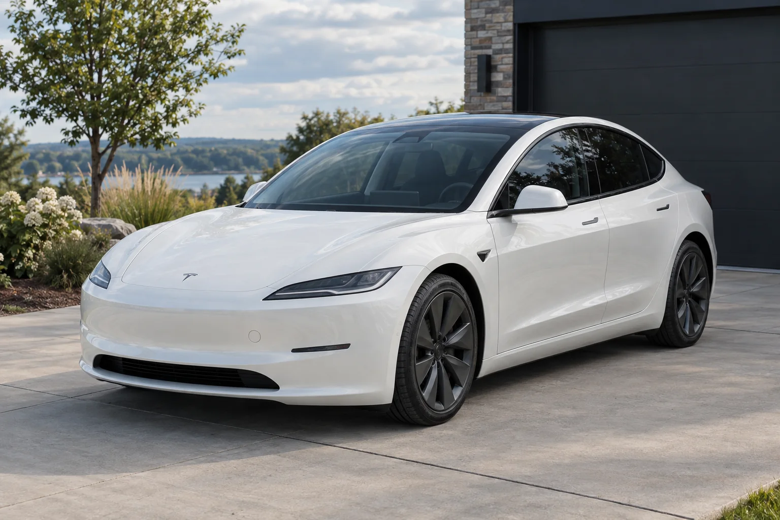 A white Tesla Model 3 with tinted windows on a driveway